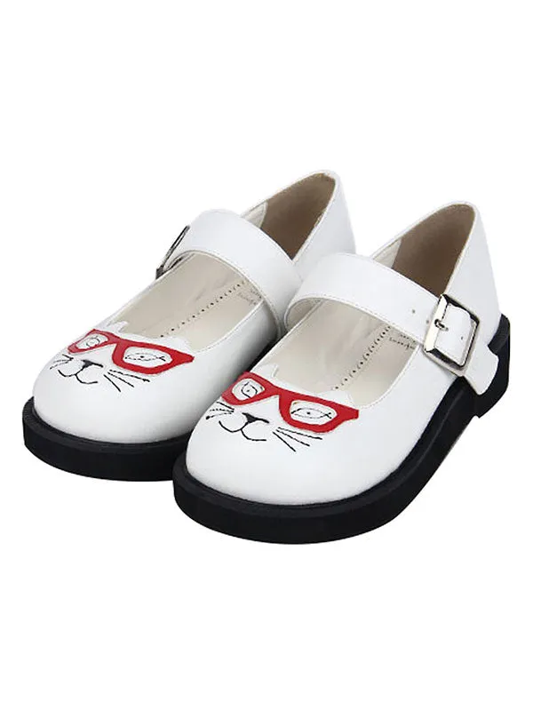 Sweet Lolita Shoes Cat Print Buckle Round Toe White Lolita Footwear