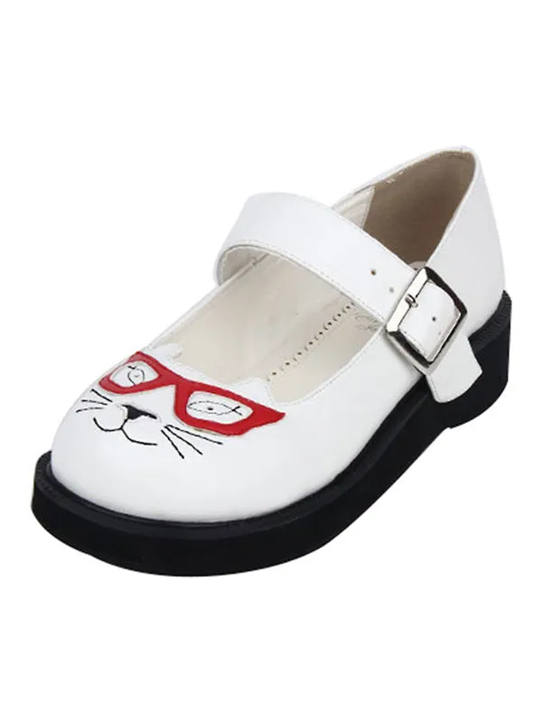 Sweet Lolita Shoes Cat Print Buckle Round Toe White Lolita Footwear