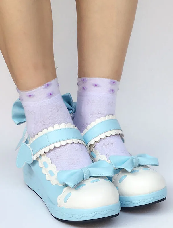 Sweet Lolita Shoes Light Sky Blue Bow Wedge Ankle Strap Round Toe Lolita Pumps