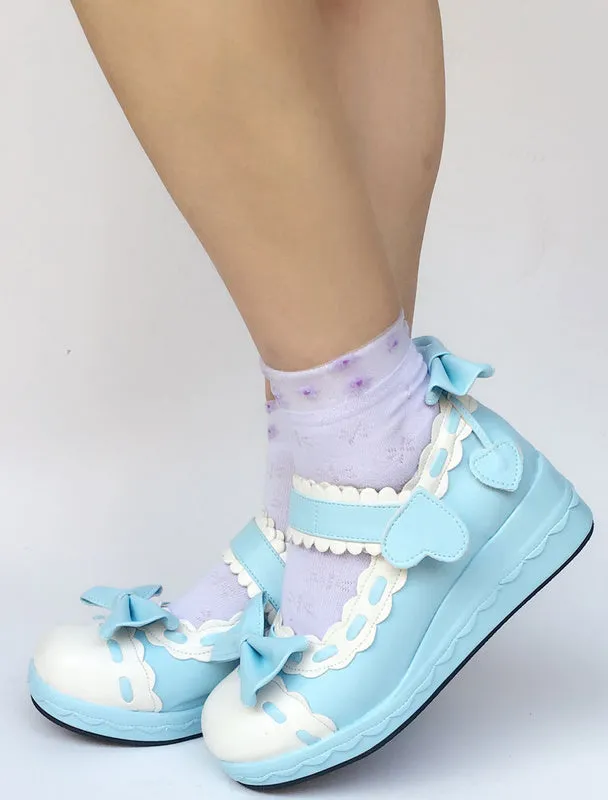 Sweet Lolita Shoes Light Sky Blue Bow Wedge Ankle Strap Round Toe Lolita Pumps