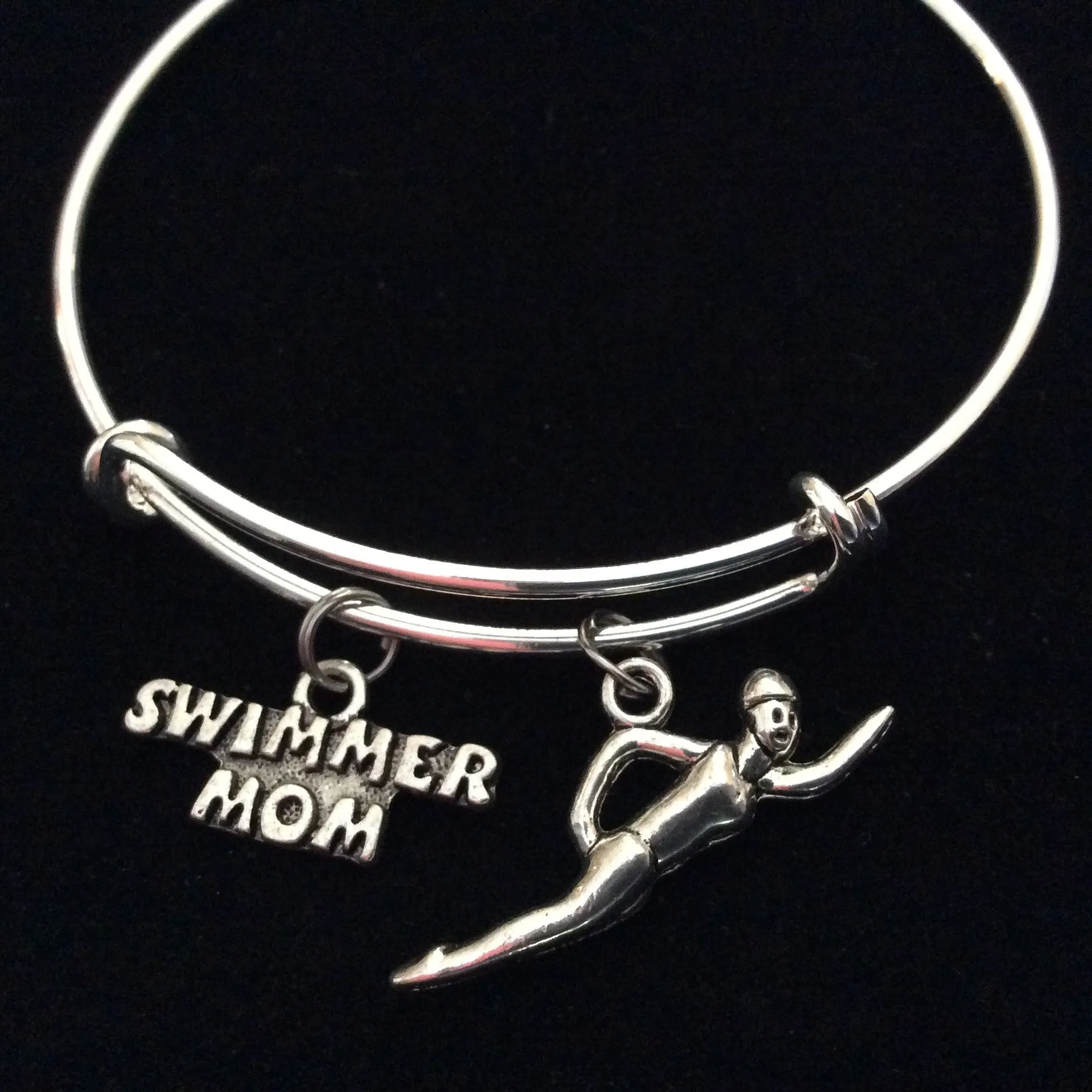 Swimmer Mom on a Silver Expandable Bangle Bracelet Sports Team Coach Gift Adjustable Wire Charm Bangle