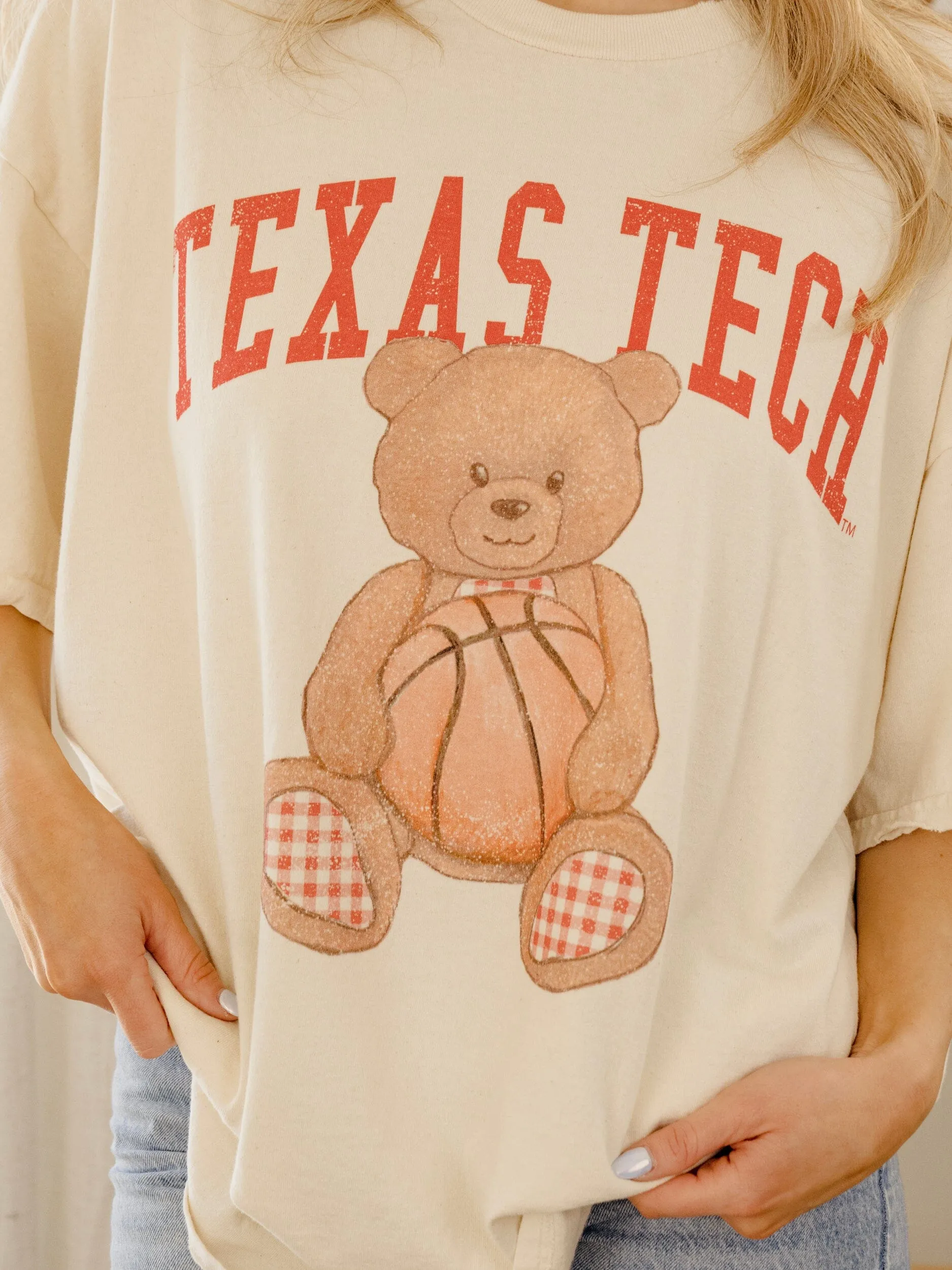Texas Tech Basketball Bear Off White Thrifted Tee