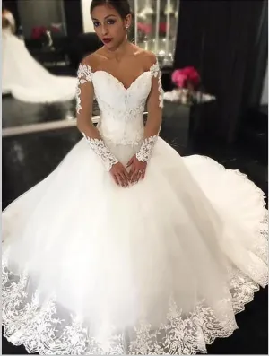 Tulle Applique Long Sleeve Off Shoulder Wedding Dresses Court Train Ball Gown