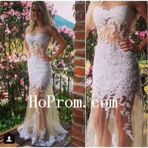 Tulle White Prom Dresses,Apploique Prom Dress,Evening Dress