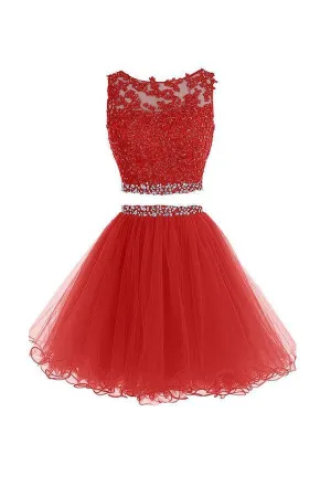 Two Piece Red Homecoming Dress Short Prom Dress With Beading TR0019