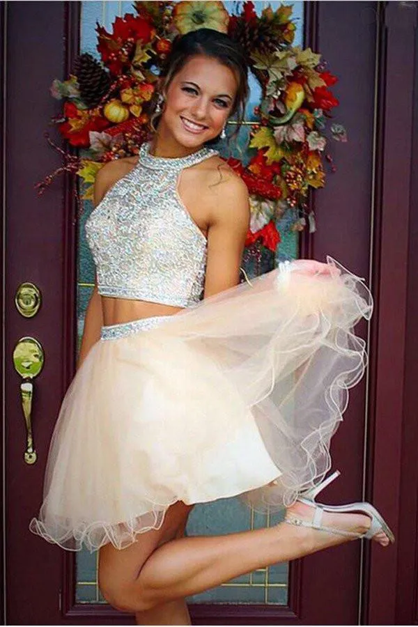 Two Piece Tulle Prom Dresses Homecoming Dresses With Beading PG025