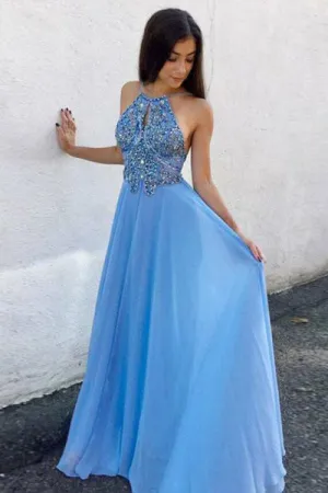 Unique A-Line Keyhole Blue Chiffon Long Prom Dresses with Beading OK893