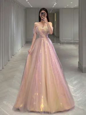 Unique A line tulle gold prom dress, sequin tulle gold formal dress