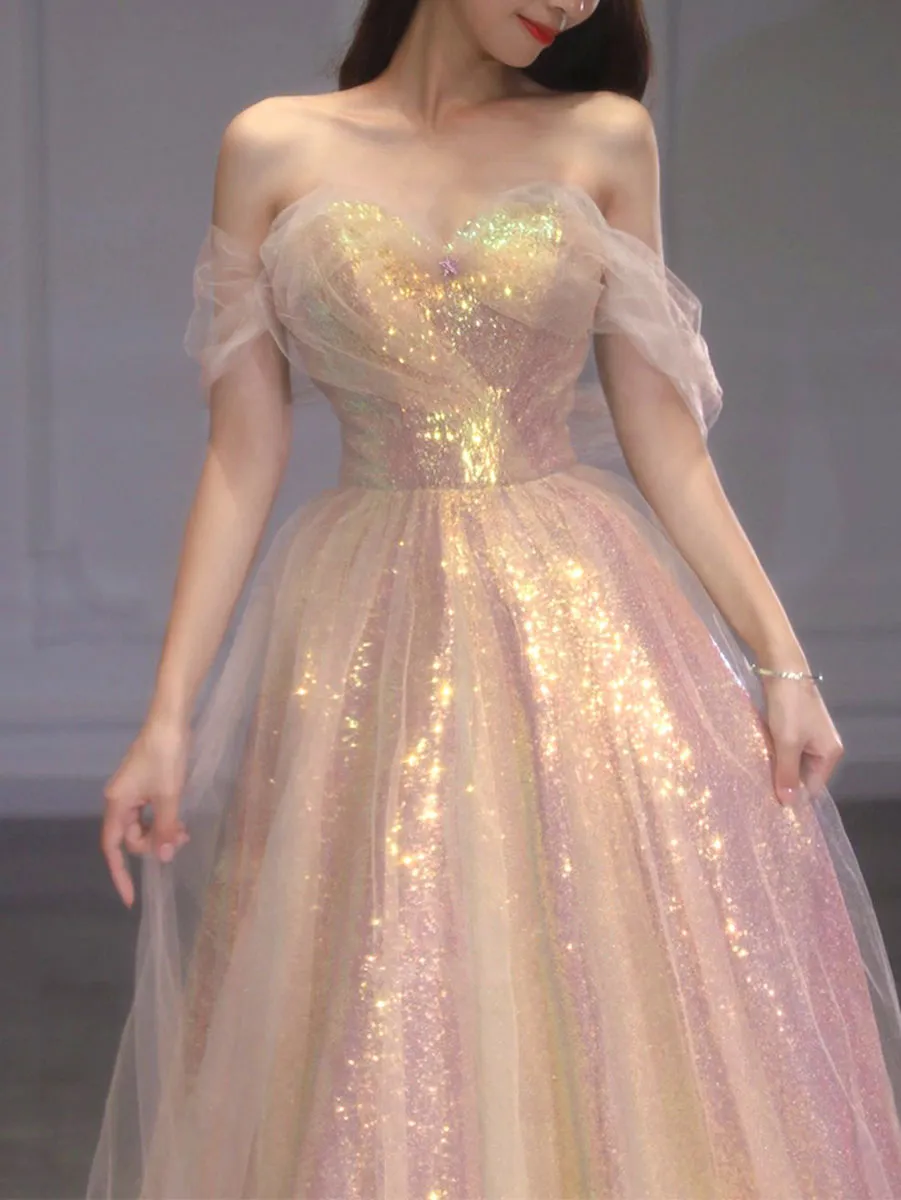 Unique A line tulle gold prom dress, sequin tulle gold formal dress