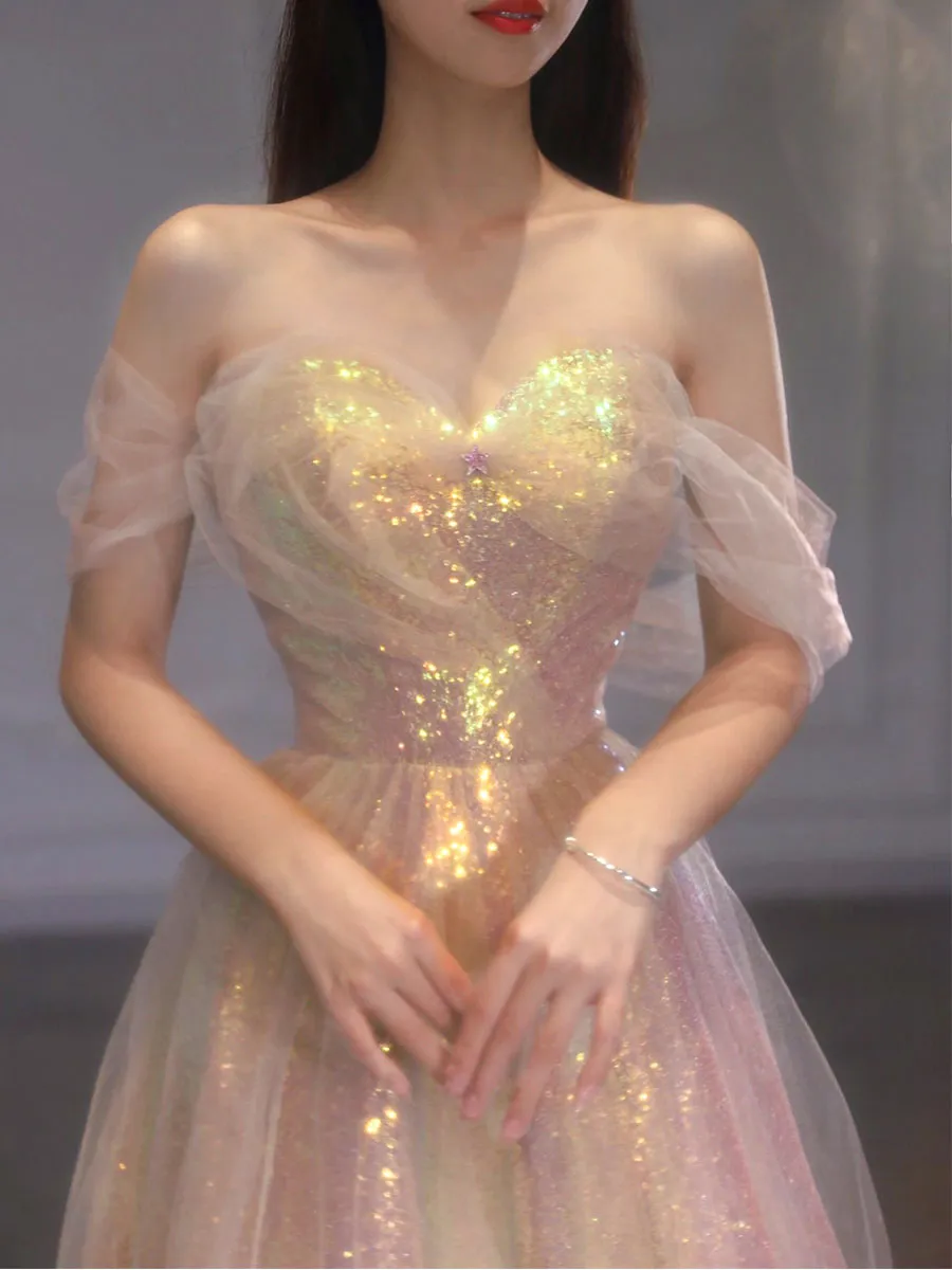 Unique A line tulle gold prom dress, sequin tulle gold formal dress