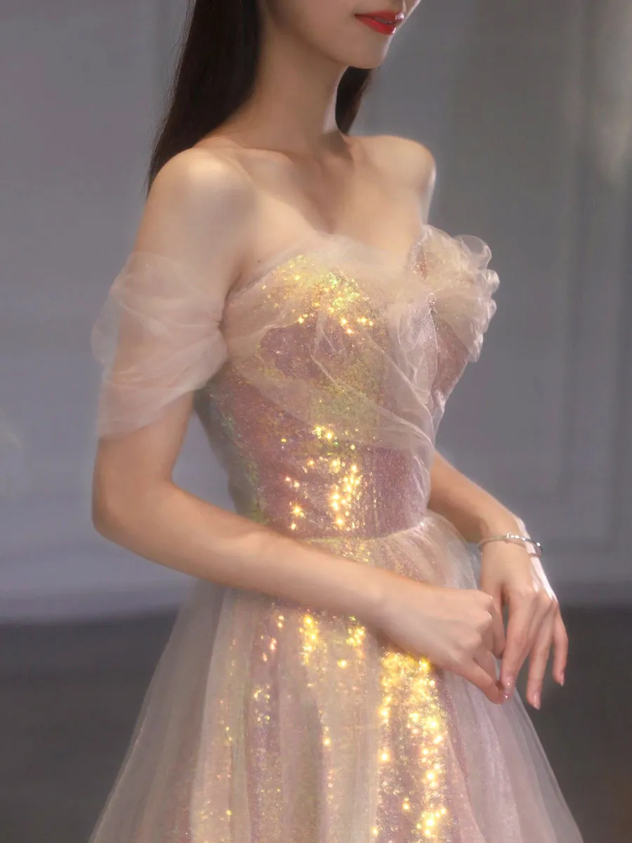 Unique A line tulle gold prom dress, sequin tulle gold formal dress