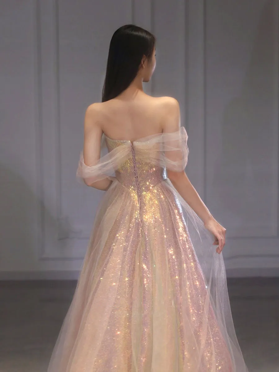 Unique A line tulle gold prom dress, sequin tulle gold formal dress