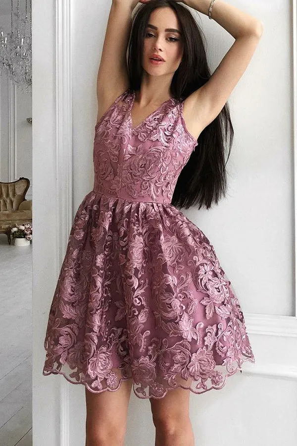 Unique A-Line V-Neck Short Purple Lace Homecoming Dress,Graduation Dress OKB01