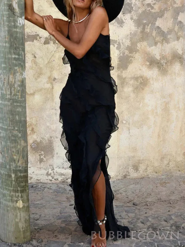 Unique Black Chiffon Long Evening Prom Dresses, Custom Spaghetti Straps Prom Dresses, BGS0233