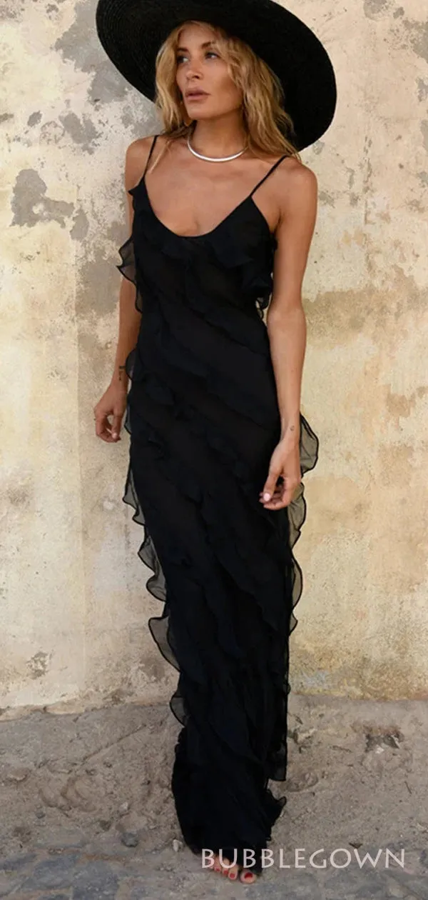 Unique Black Chiffon Long Evening Prom Dresses, Custom Spaghetti Straps Prom Dresses, BGS0233