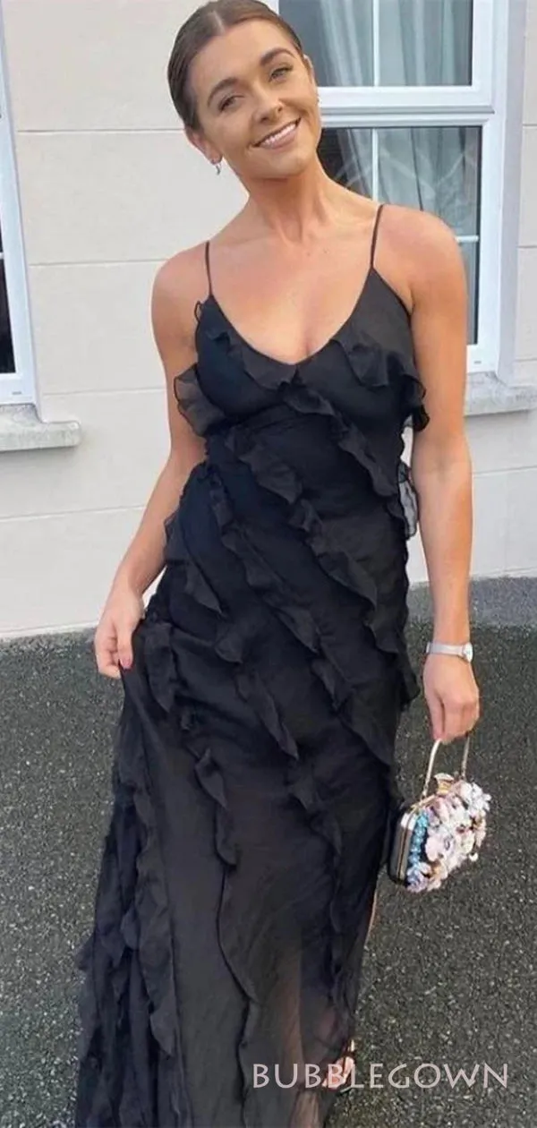 Unique Black Chiffon Long Evening Prom Dresses, Custom Spaghetti Straps Prom Dresses, BGS0233