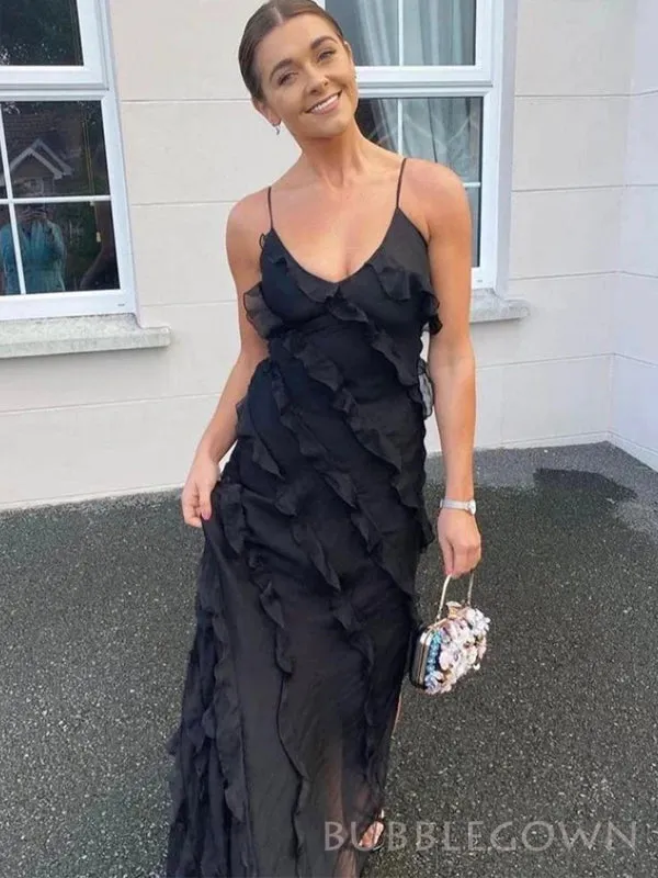 Unique Black Chiffon Long Evening Prom Dresses, Custom Spaghetti Straps Prom Dresses, BGS0233