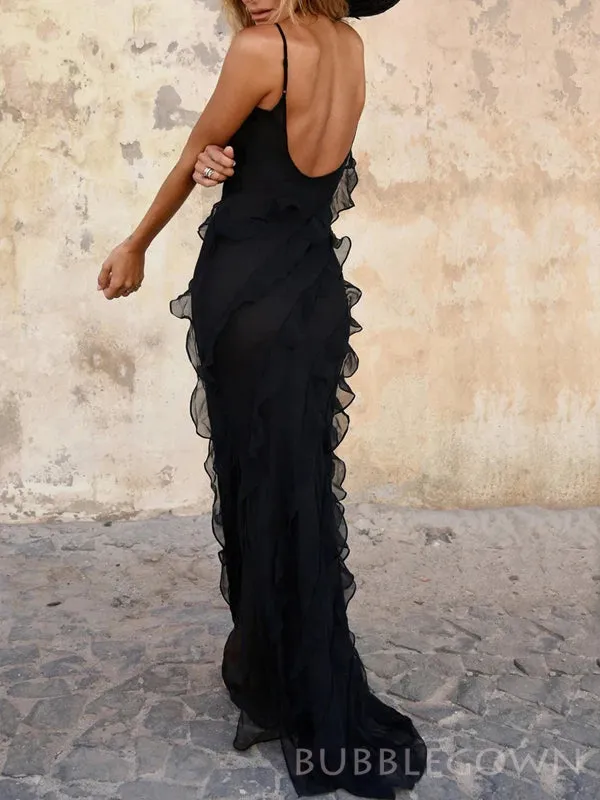 Unique Black Chiffon Long Evening Prom Dresses, Custom Spaghetti Straps Prom Dresses, BGS0233