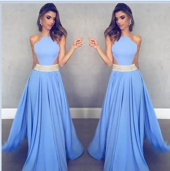 Unique Blue Chiffon Long A Line Beaded Prom Dress OK832