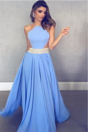 Unique Blue Chiffon Long A Line Beaded Prom Dress OK832