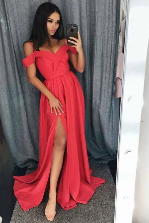 Unique Cold Shoulder Red Satin Straps A Line Long Prom/Evening Dresses with Split OKA40