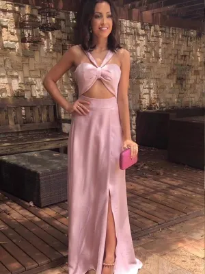 Unique Halter Sweetheart Side Slit A Line Long Evening Prom Dresses, PD0025