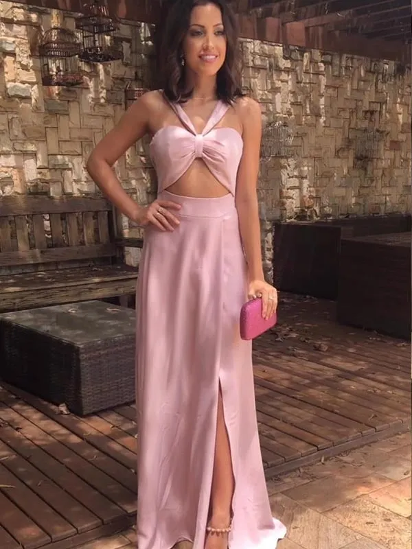 Unique Halter Sweetheart Side Slit A Line Long Evening Prom Dresses, PD0025