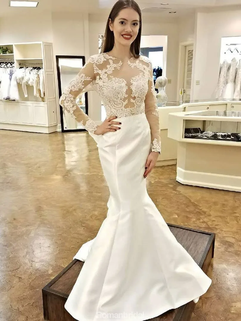 Unique Long Sleeves Lace Mermaid Open Back Fitted Wedding Dresses, WD0429