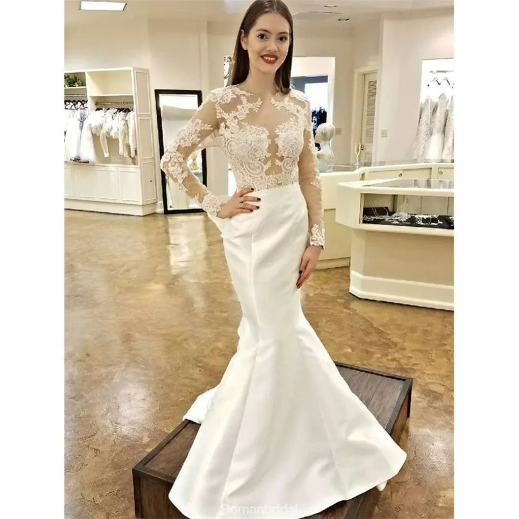 Unique Long Sleeves Lace Mermaid Open Back Fitted Wedding Dresses, WD0429