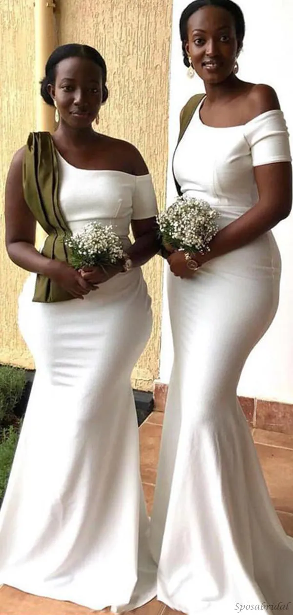 Unique One-shoulder Ivory Mermaid Long Bridesmaid Dresses, WG927