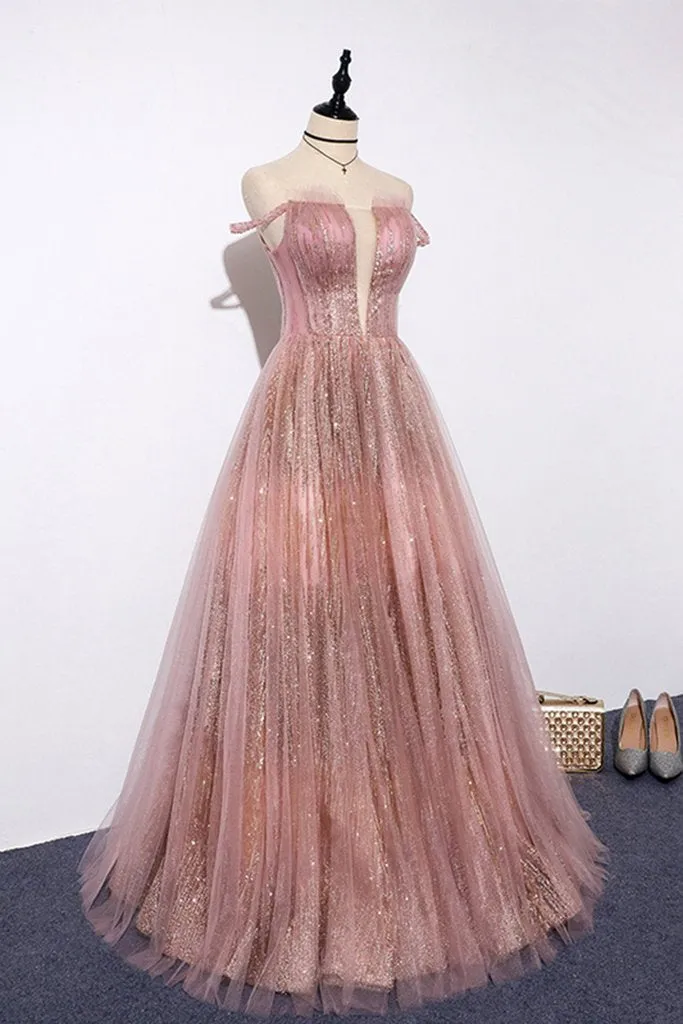 Unique Pink Sequins Tulle Off Shoulder Long Custom Size Senior Prom Dress