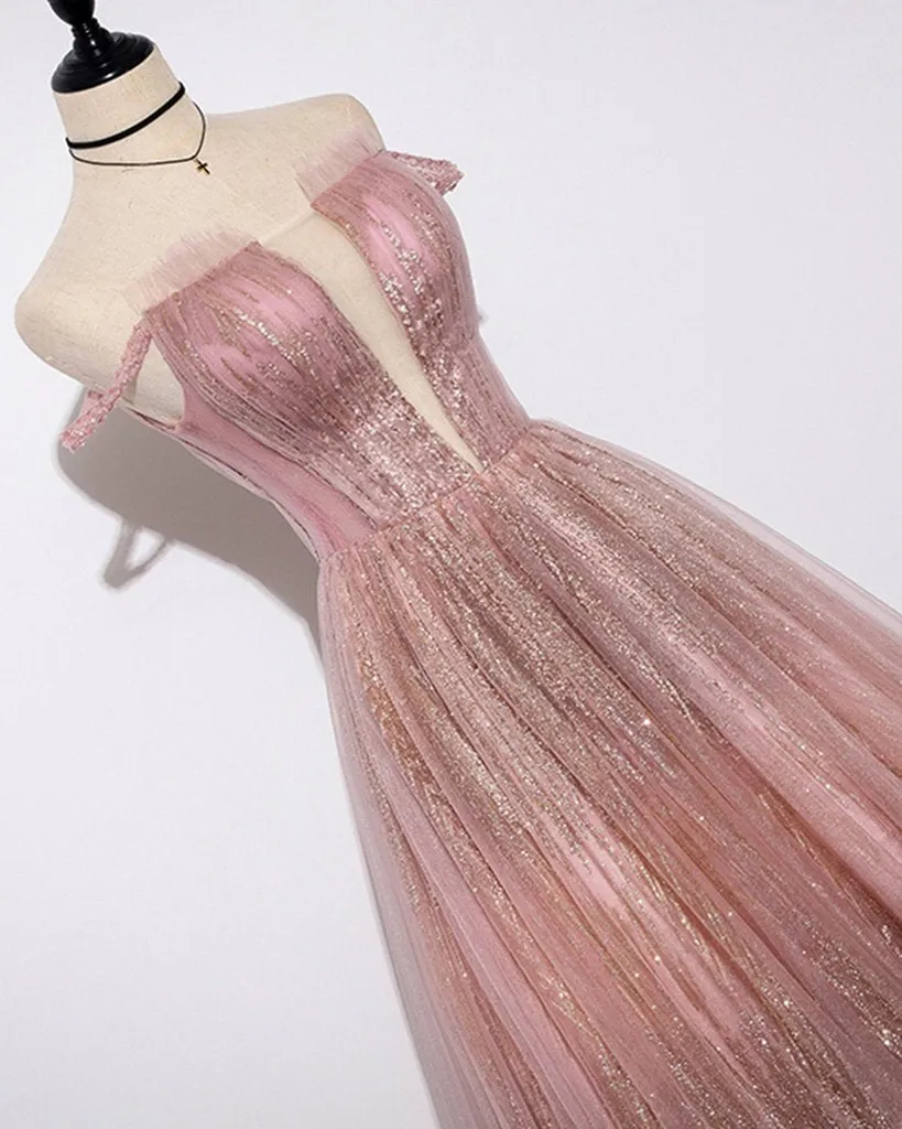 Unique Pink Sequins Tulle Off Shoulder Long Custom Size Senior Prom Dress