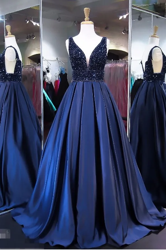 Unique Royal Blue A Line V Neck Sleeveless Long Prom Dresses OK601