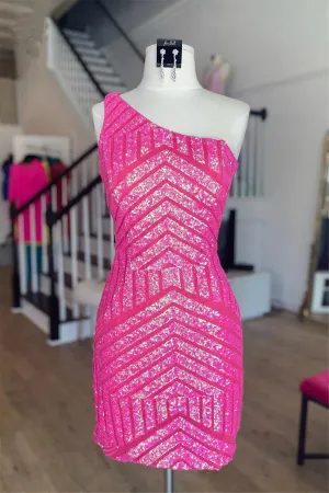 Unique Sleeveless One Shoulder Sequined Pink Homecoming Dress TN411
