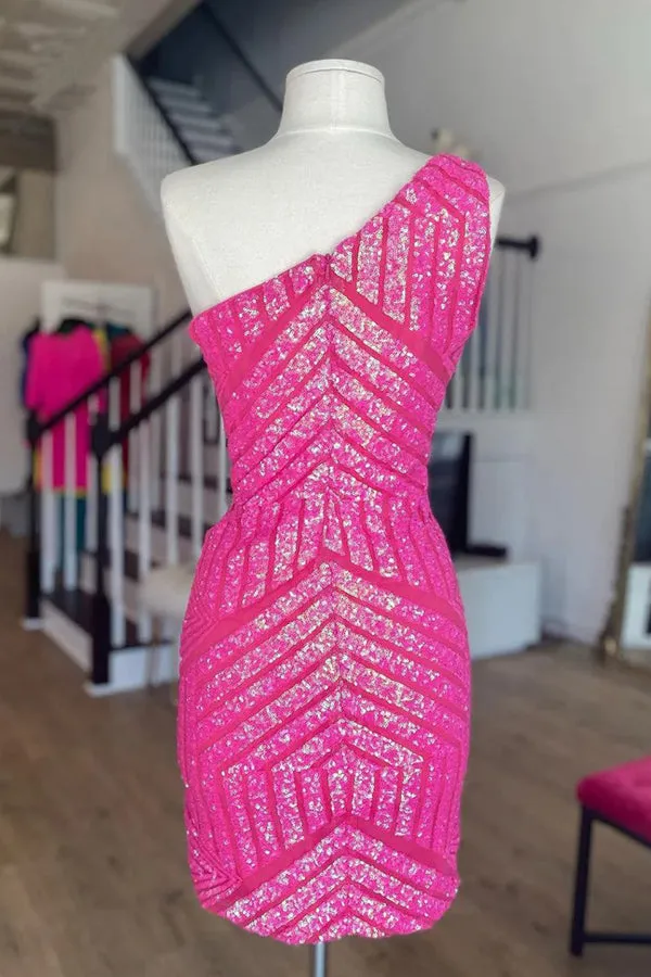 Unique Sleeveless One Shoulder Sequined Pink Homecoming Dress TN411
