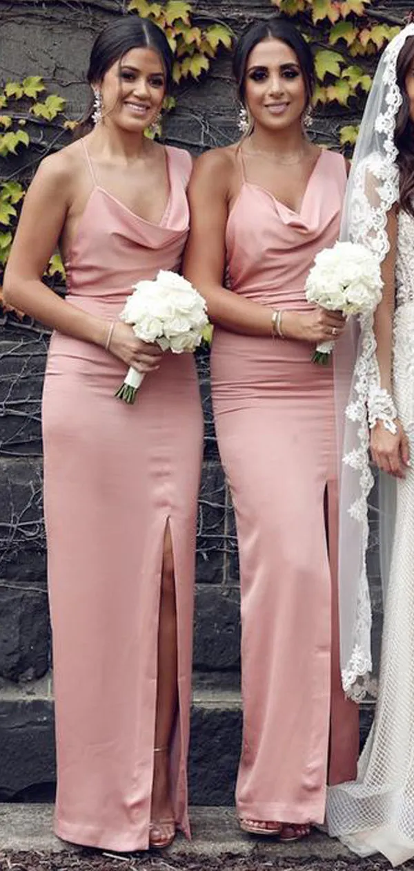 Unique Spaghetti Straps V-neck Pink Backless Slit Long Bridesmaid Dress, BD0518