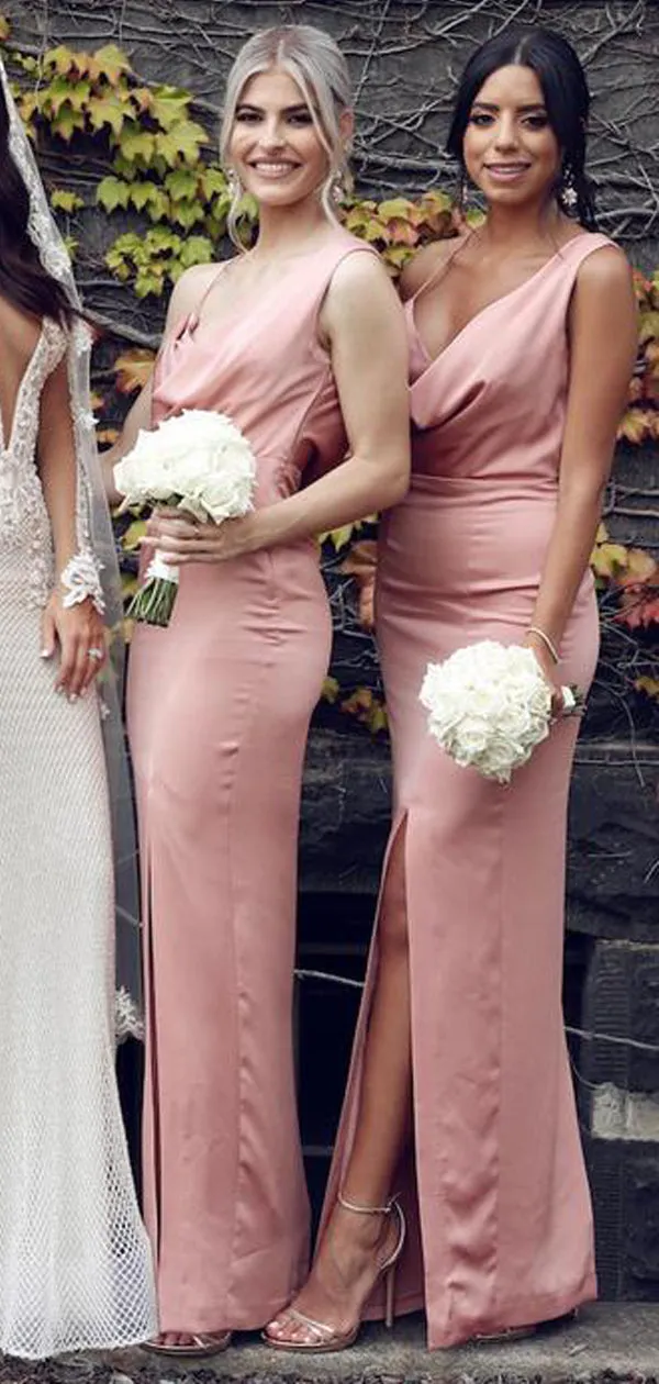 Unique Spaghetti Straps V-neck Pink Backless Slit Long Bridesmaid Dress, BD0518