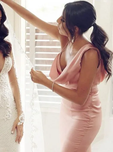 Unique Spaghetti Straps V-neck Pink Backless Slit Long Bridesmaid Dress, BD0518