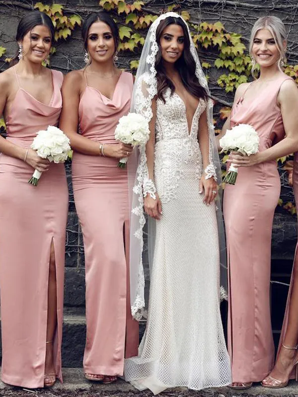 Unique Spaghetti Straps V-neck Pink Backless Slit Long Bridesmaid Dress, BD0518