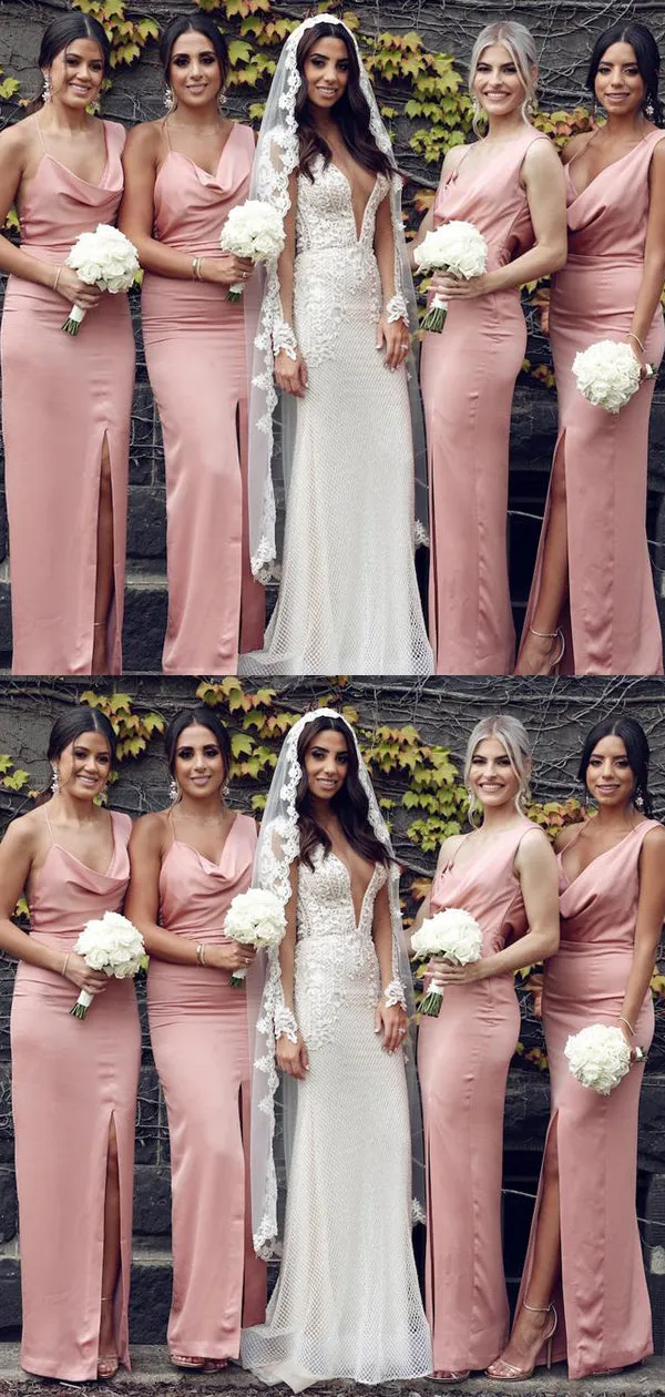 Unique Spaghetti Straps V-neck Pink Backless Slit Long Bridesmaid Dress, BD0518
