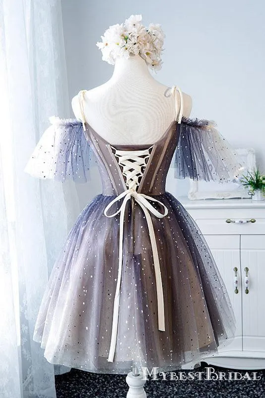 Unique Sparkly Off the Shoulder Short A-line Cheap Homecoming Dresses, TYP0067