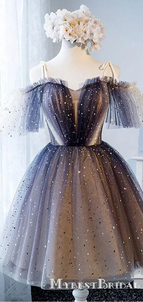 Unique Sparkly Off the Shoulder Short A-line Cheap Homecoming Dresses, TYP0067