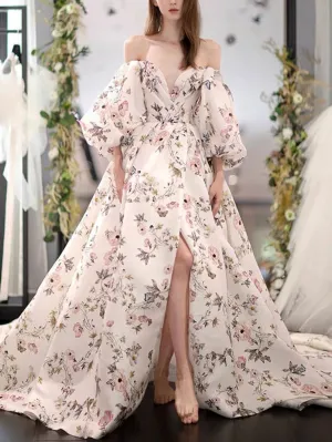 Unique sweetheart neck puff sleeves long prom dress long formal dress