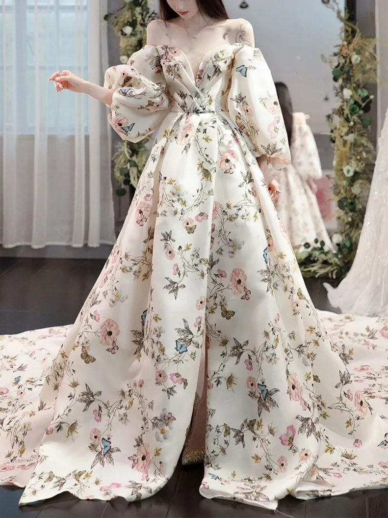 Unique sweetheart neck puff sleeves long prom dress long formal dress