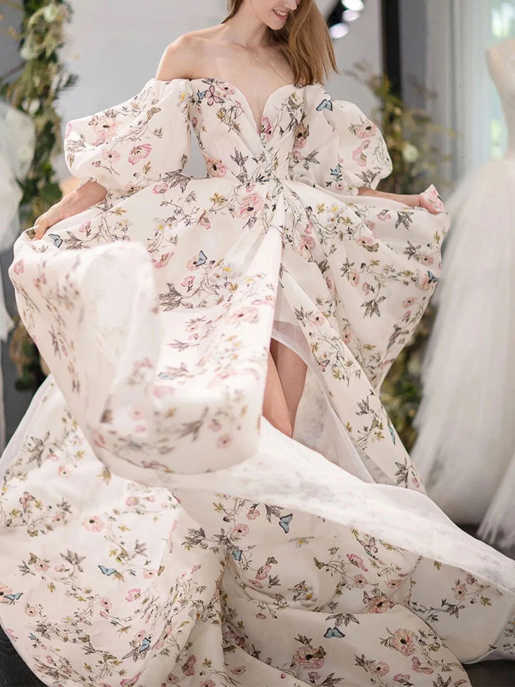Unique sweetheart neck puff sleeves long prom dress long formal dress