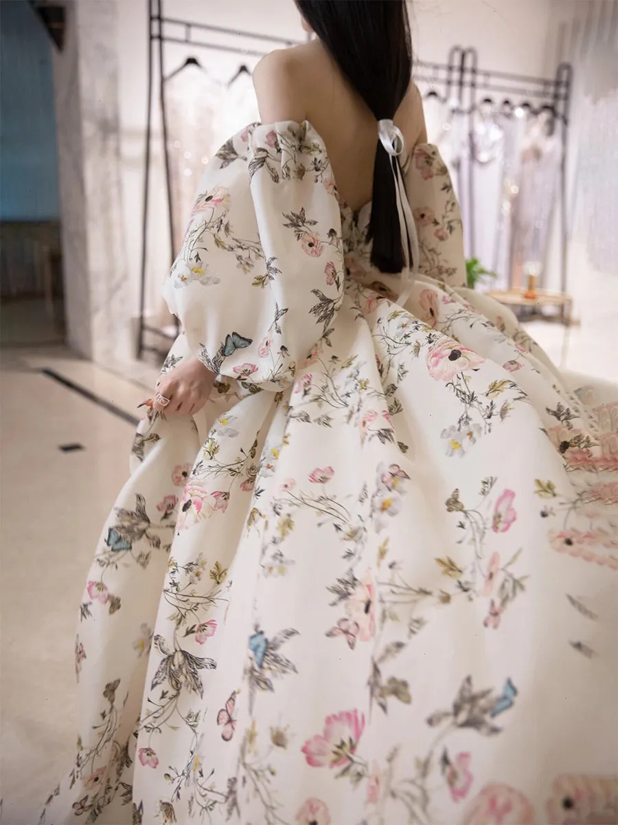 Unique sweetheart neck puff sleeves long prom dress long formal dress