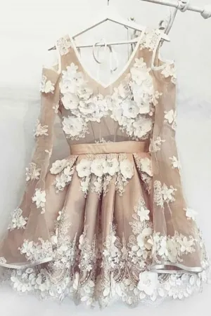 Unique Tulle Lace Short Prom Dresses, Long Sleeves Homecoming Dress OKP29