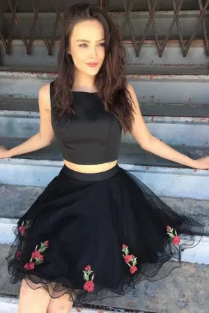 Unique Two Piece Short Black Tulle Homecoming Dresses Party Dress With Flowe Appliques OK520