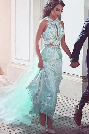 Unique Two Pieces Lace Tulle Long Prom Dresses,Formal Evening Dresses OK978