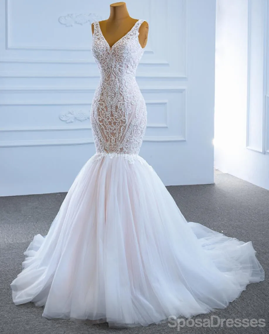 Unique V Neck Lace Mermaid Wedding Dresses, Cheap Wedding Gown, WD722